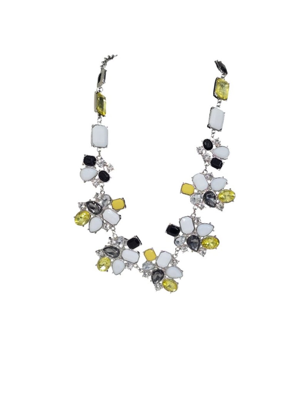 Statement Crystal Rhinestone Bib Necklace Yellow Black White Silver Tone Chic